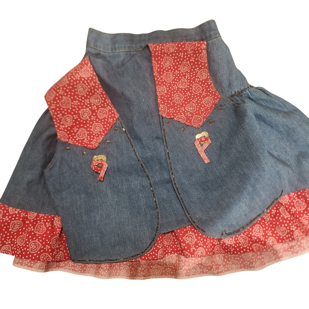 90s Kids Denim handmade Western Vest Skirt Outfit Red Bandana Print Hearts Stars